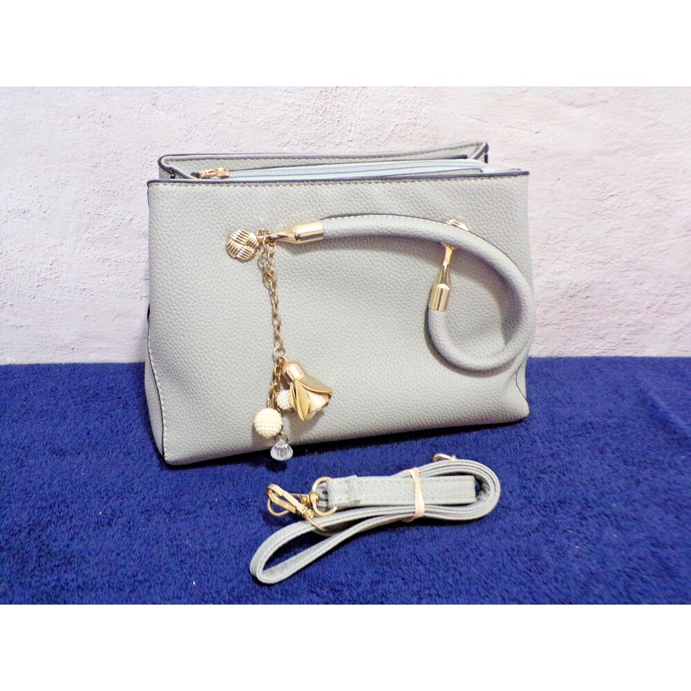 Gray Satchel with Adjustable Shoulder Strap Gold Accents Zipper Closure Pre-Ownd